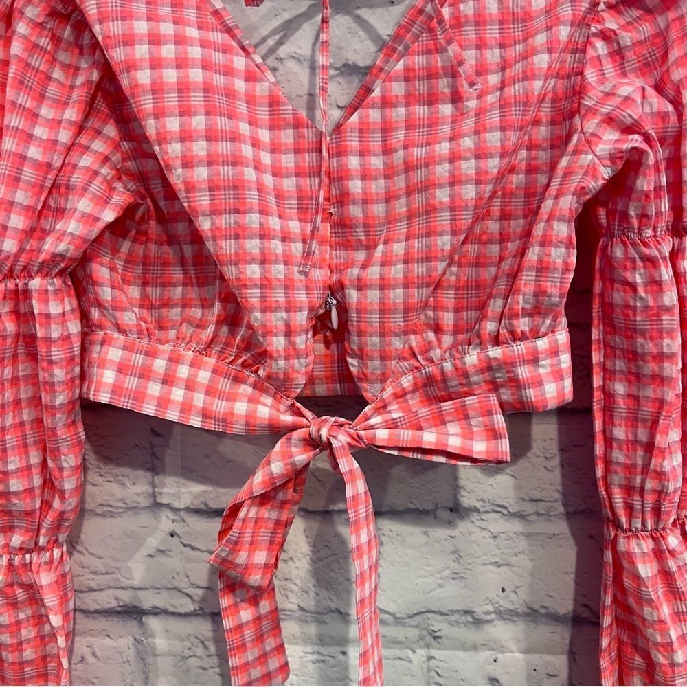 Topshop Pink & White Gingham Long Sleeve Crop‎ Top - Picture 5 of 8